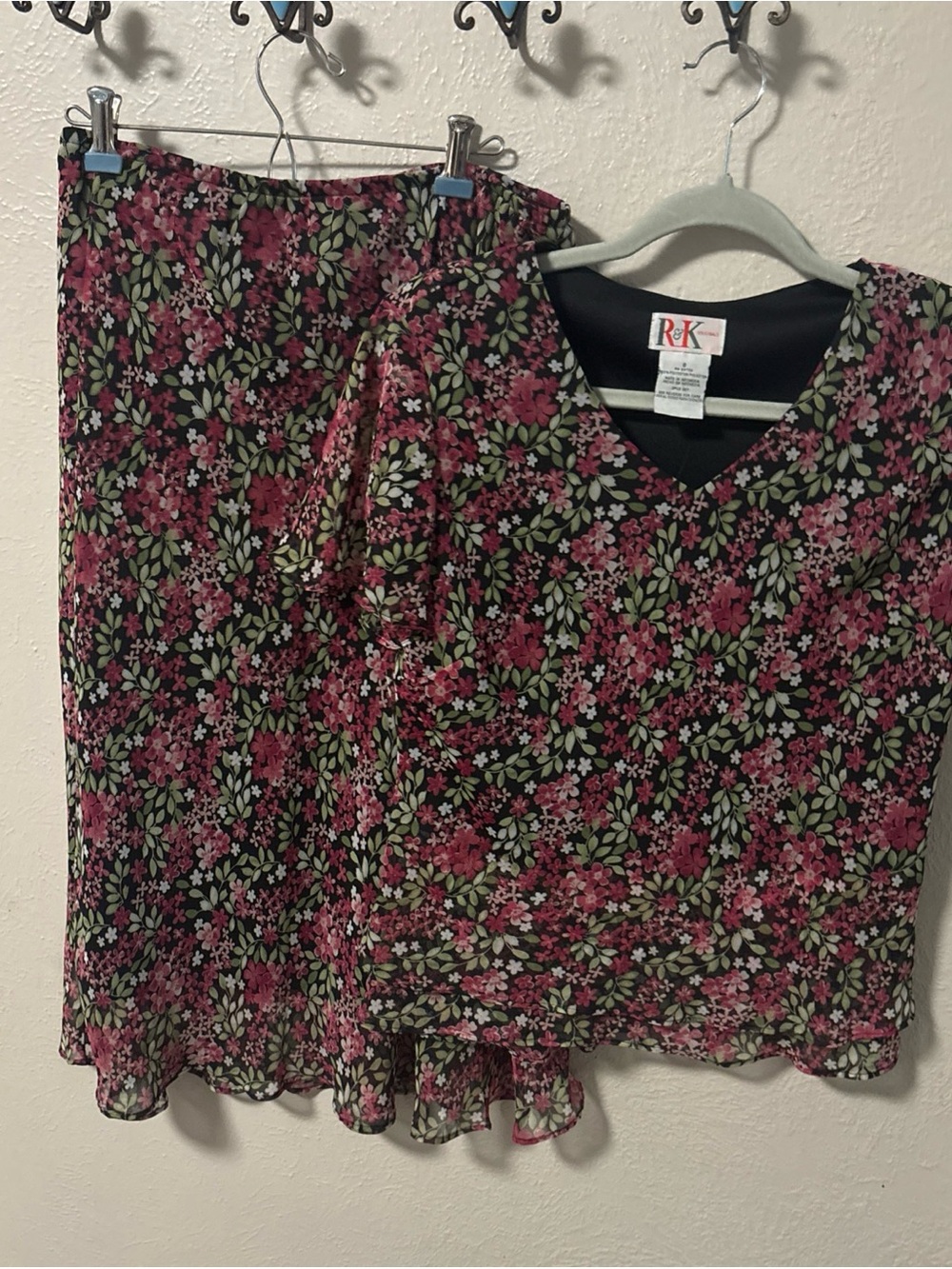 R&K Black Floral Midi Skirt Set with Pink and Green Blossoms - Picture 5 of 5